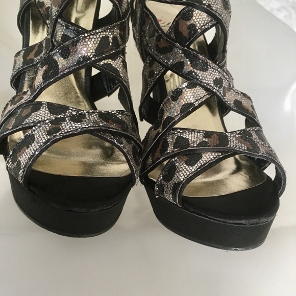 Platform Caged Stilletos Sandals Leopard Sequins - Picture 4 of 10